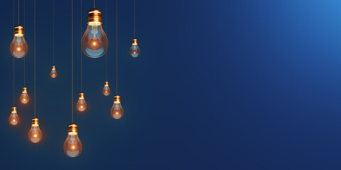 Wall Mural - Hanging lightbulbs on blue background with space for text. 3D Rendering