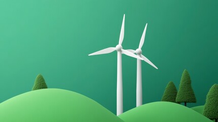 A serene landscape featuring wind turbines on rolling green hills, symbolizing renewable energy and sustainability in nature.