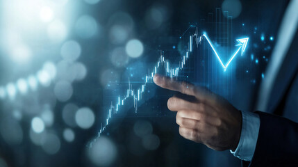 Aufkleber - Businessman points to rising virtual hologram stock market chart, signifying business triumph