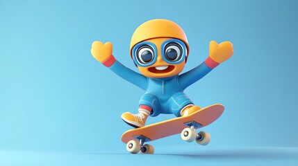 Wall Mural - A cartoon boy with a backpack and goggles rides a skateboard against a blue background.