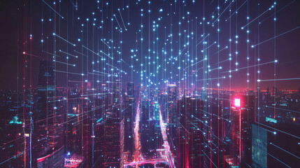 Aufkleber - Network lines are connecting a futuristic cityscape at night, symbolizing the power of technology and innovation