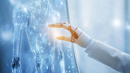 Leinwandbilder - Robotic arm touching futuristic digital interface showing a network of connections forming a human body