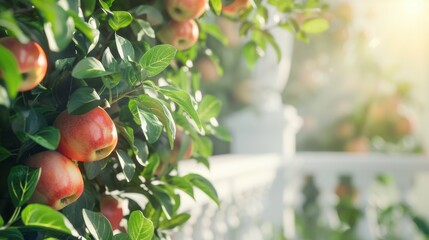 Ripe beautiful apple fruit on tree with balcony