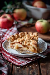 A slice of tasty delicious homemade apple pie in plate on table closeup view