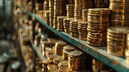 Wall Mural - Stacks of shiny gold coins organized on shelves in a dimly lit room, symbolizing wealth, treasure, and financial prosperity.