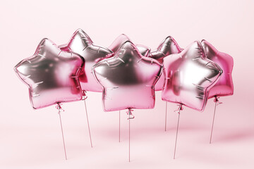 Metallic pink star-shaped balloons floating against a pink background. 3D Rendering