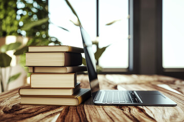 Stack of Hardcover Books and Laptop on Wooden Table in Sunlit Room. 3D Rendering