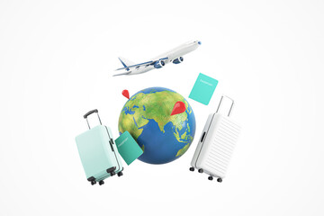 Travel essentials including a globe, passports, luggage, and an airplane on a white background, representing travel and vacation concepts. 3D Rendering