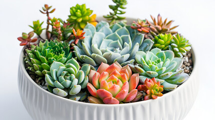 Sticker - Collection of succulents in a pot is isolated on a white background ,Small succulent flower in white pot