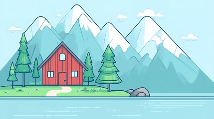 Wall Mural - Charming Cartoon House by the Lake