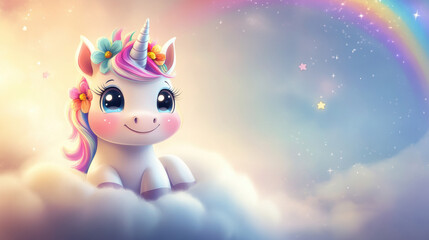 Poster - Cute Unicorn on Cloud.