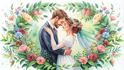 Delicate, hand-drawn illustration of a joyful bride and groom embracing, surrounded by lush flowers, foliage, and vines, with a soft, romantic, watercolor background.