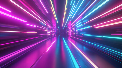 Fototapete - Exploring a futuristic tunnel illuminated by vibrant neon lights against a dark backdrop, capturing the essence of modern design and technology