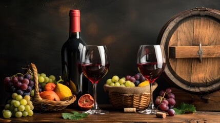 Fresh grape, grape wine bottle and glass in vintage wine cellar with wine barrels