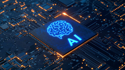 Leinwandbilder - Glowing ai text on a computer processor performs deep learning on a circuit board, showcasing the future of computing