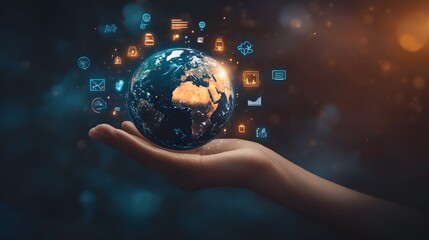 Hand with Earth Surrounded by Technology Icons: A hand holding the Earth, surrounded by floating technology icons, symbolizing the digital world's impact on the planet. 
