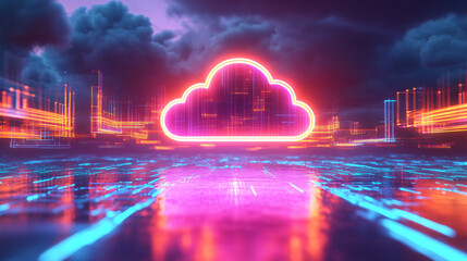 Aufkleber - Illuminated cloud icon floating above a modern city skyline, representing cloud computing and data storage in urban settings