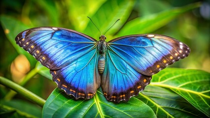 Wall Mural - Delicate iridescent wings of a majestic blue butterfly unfold, revealing intricate vein patterns, as it settles on a lush green leaf in warm sunlight.