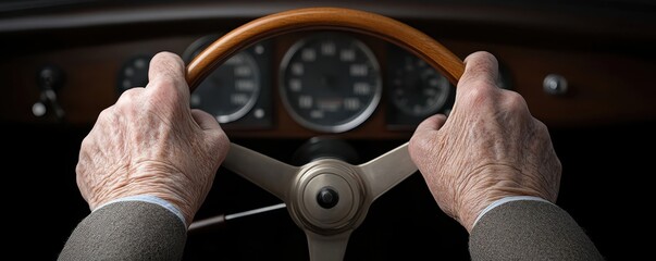 Elderly hands with age spots gently holding a classic car's wooden steering wheel