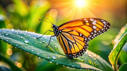 Wall Mural - Delicate orange and black monarch butterfly perched on a soft green leaf, its intricate wings folded, surrounded by warm sunlight and gentle morning dew droplets.