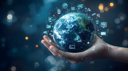 Hand with Earth Surrounded by Technology Icons: A hand holding the Earth, surrounded by floating technology icons, symbolizing the digital world's impact on the planet. 
