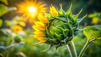 Delicate, tightly wrapped sunflower bud emerges from leafy green stem, promising bright yellow petals and a radiant summer bloom in warm, natural light.