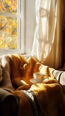 A cozy autumn scene with yellow blankets and a cup of coffee on an armchair by the window, inviting warmth for fall relaxation