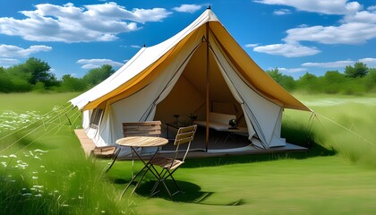 Wall Mural - Serene outdoor camping scene with a tent, chairs, and table under a clear blue sky on lush grassland