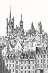 Aberdeen, United Kingdom, black and white pen pencil hand-drawn effect portrait drawing illustration for travel poster, card, wallpaper, backdrop or banner. Modern, clear, artistic and simple