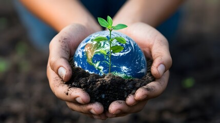 Wall Mural - Hands Holding Earth with Growing Plants: Hands holding the Earth, with small green plants sprouting from its surface, symbolizing growth and renewal.
