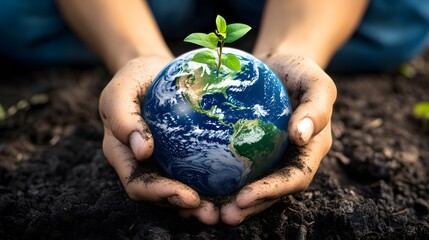 Wall Mural - Hands Holding Earth with Growing Plants: Hands holding the Earth, with small green plants sprouting from its surface, symbolizing growth and renewal.
