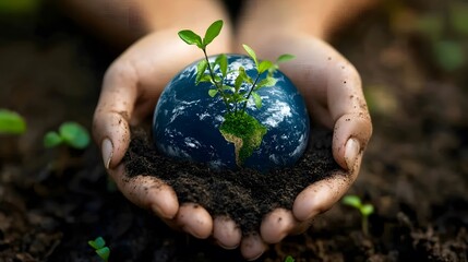 Canvas Print - Hands Holding Earth with Growing Plants: Hands holding the Earth, with small green plants sprouting from its surface, symbolizing growth and renewal.
