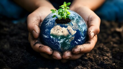 Canvas Print - Hands Holding Earth with Growing Plants: Hands holding the Earth, with small green plants sprouting from its surface, symbolizing growth and renewal.
