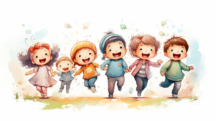 Water colour of Happy children running and playing together