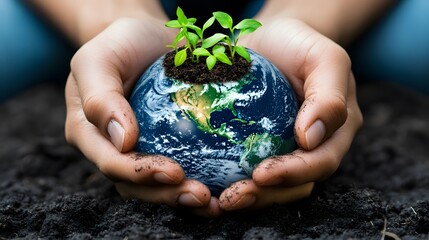 Wall Mural - Hands Holding Earth with Growing Plants: Hands holding the Earth, with small green plants sprouting from its surface, symbolizing growth and renewal.
