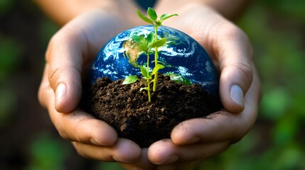 Wall Mural - Hands Holding Earth with Growing Plants: Hands holding the Earth, with small green plants sprouting from its surface, symbolizing growth and renewal.
