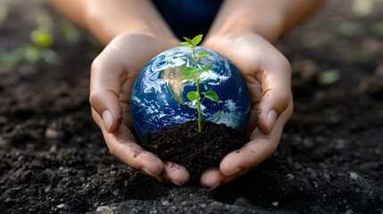 Canvas Print - Hands Holding Earth with Growing Plants: Hands holding the Earth, with small green plants sprouting from its surface, symbolizing growth and renewal.
