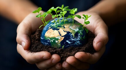 Canvas Print - Hands Holding Earth with Growing Plants: Hands holding the Earth, with small green plants sprouting from its surface, symbolizing growth and renewal.
