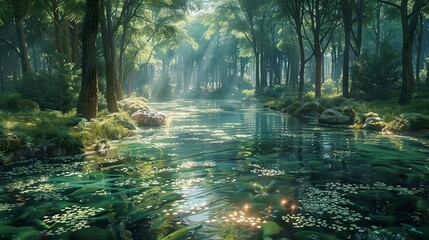 Wall Mural - Sunlit River in a Lush Forest - Tranquil Nature Scenery