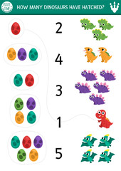 Wall Mural - Match the numbers dinosaur game with baby dinos and eggs. Prehistoric math activity for preschool kids. Educational counting worksheet with triceratops, stegosaur, T-rex, pterosaur, iguanodon