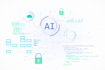Wall Mural - artificial intelligence technology concept with circuit elements and code on white background. 3d re