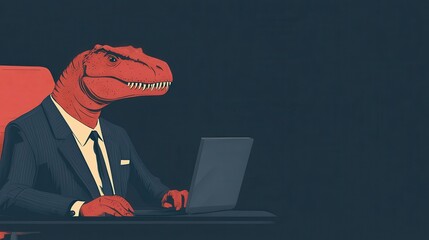 Business concept in minimal of Dinosaur in business suit, using a computer in office, modern workspace, Copy space for stock photo, no text, no logo, flat design illustration