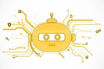 Canvas Print - Yellow robotic face with technology icons on a white background. 3D Rendering