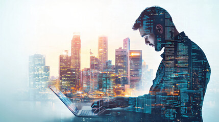 Wall Mural - Software developer using a laptop with a double exposure cityscape effect