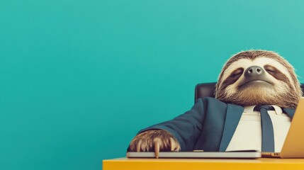 Wall Mural - business concept in minimal of sloth in business suit, lounging at desk, slow productivity theme, co