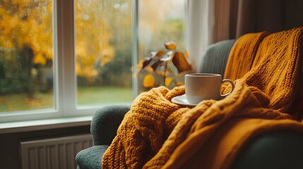 A cozy autumn scene with yellow blankets and a cup of coffee on an armchair by the window, inviting warmth for fall relaxation