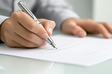 Wall Mural - Fingers gripping a pen tightly while signing a document, the paper and pen in focus, with the rest of the workspace blurred