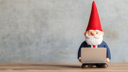Wall Mural - business concept in minimal of gnome in business suit, typing on miniature laptop, enchanted office 