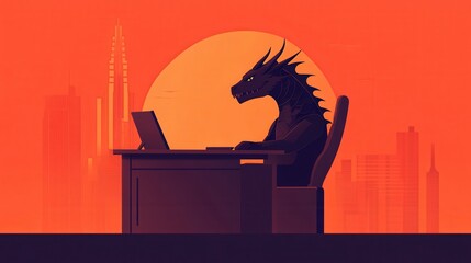 Wall Mural - business concept in minimal of dragon ceo leading a corporate empire, sitting at a desk with skyscra