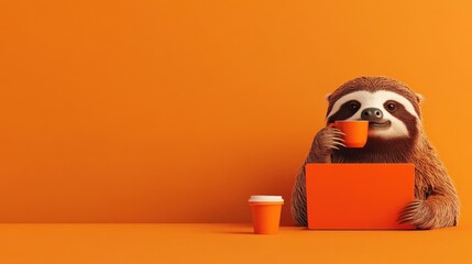 Wall Mural - Business concept in minimal of Sloth sipping coffee slowly at desk, work smart, not hard theme, relaxed office setting, Copy space for stock photo, no text, no logo, flat design illustration